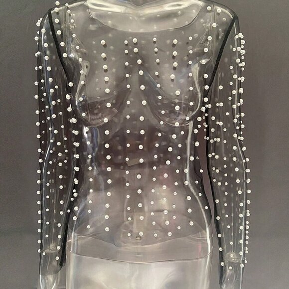 Black Casual Women's Rave Elegant Pearls Beaded Mesh Sheer Cover Up - Picture 6 of 6